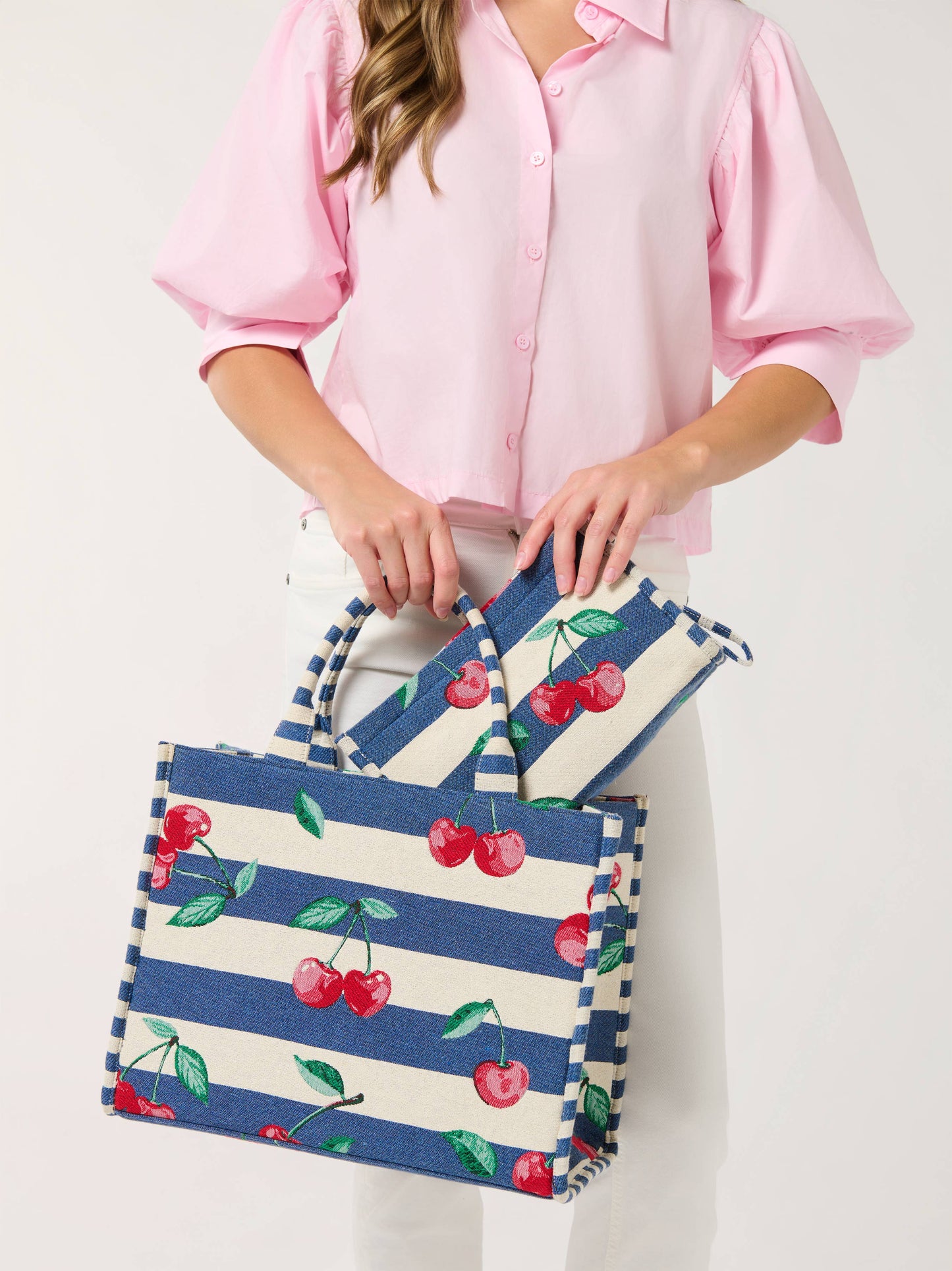 CHERRY STRIPE JACQUARD TOTE, NAVY